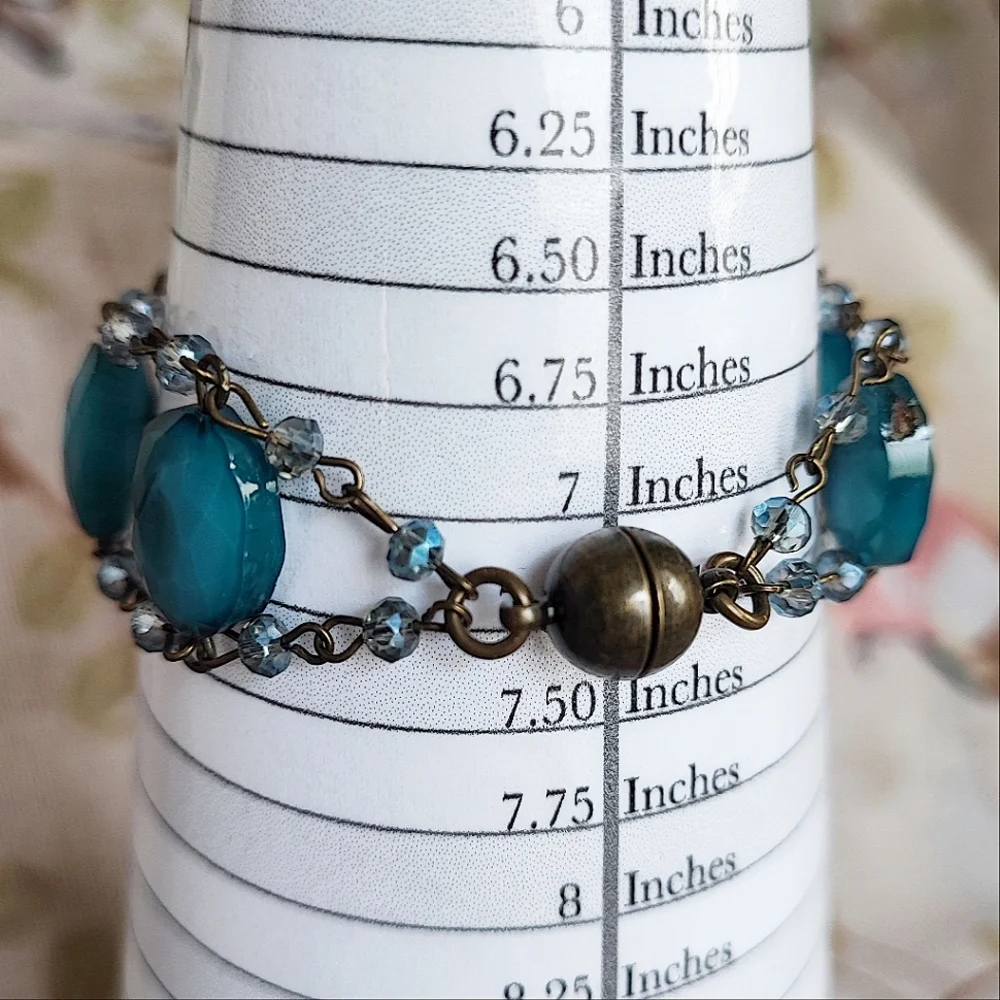 Teal Dusty Blue Glass Oval Faceted  Dual Chain Bracelet Brass Magnetic Clasp EUC